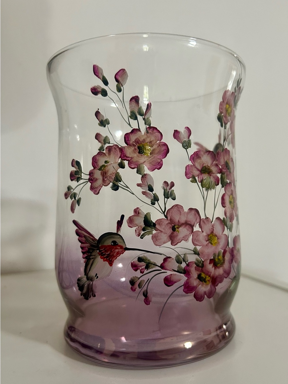 Hand-Painted Pink Floral Glass Vase with Hummingbird